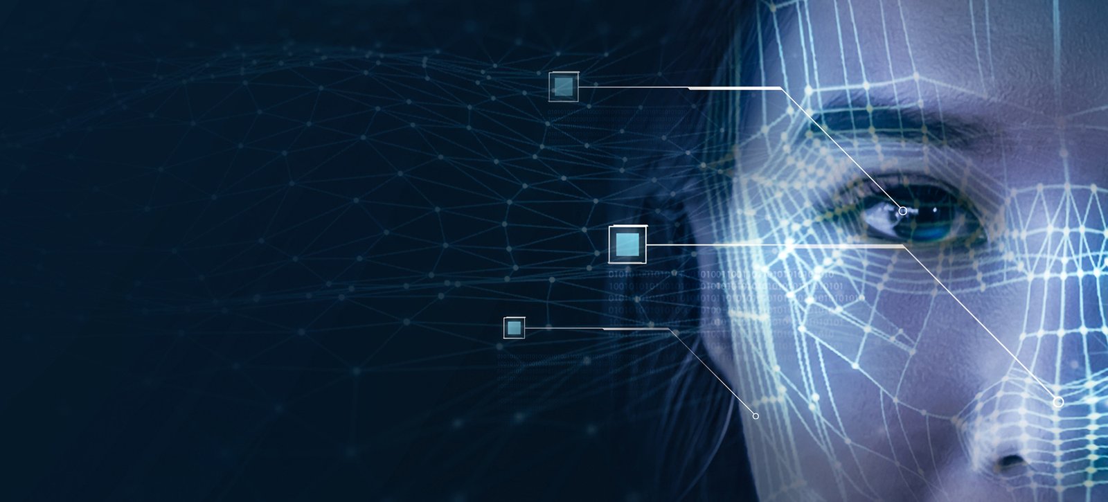 Face detection AI technology, facial recognition security user identification access, Asian businesswoman confident, smart scanning sensor environment surrounding concept, 3d model wireframe.